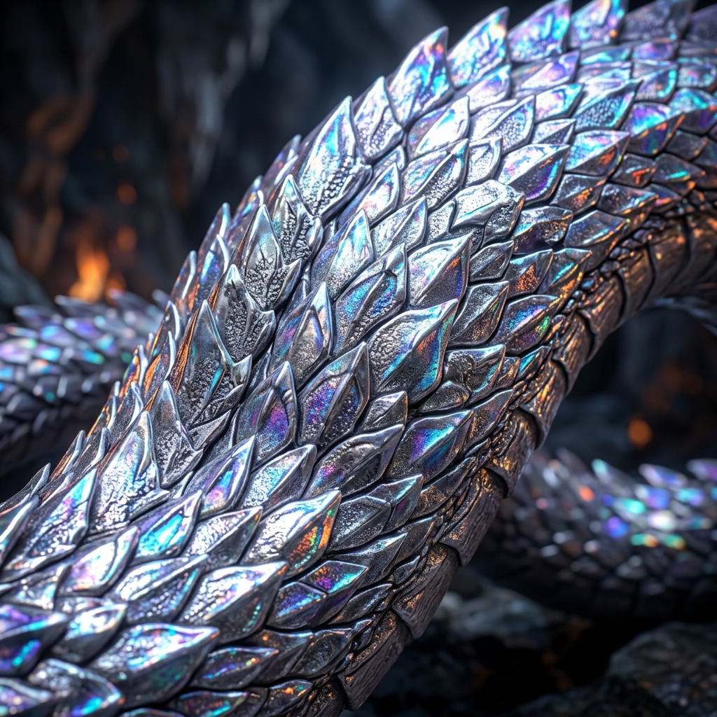 Close-up of iridescent metallic dragon scales reflecting blue and purple light