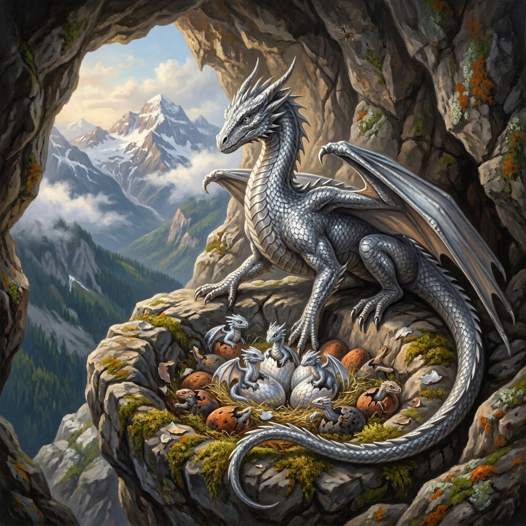 Silver dragon guarding hatchlings and eggs inside a mountain cave
