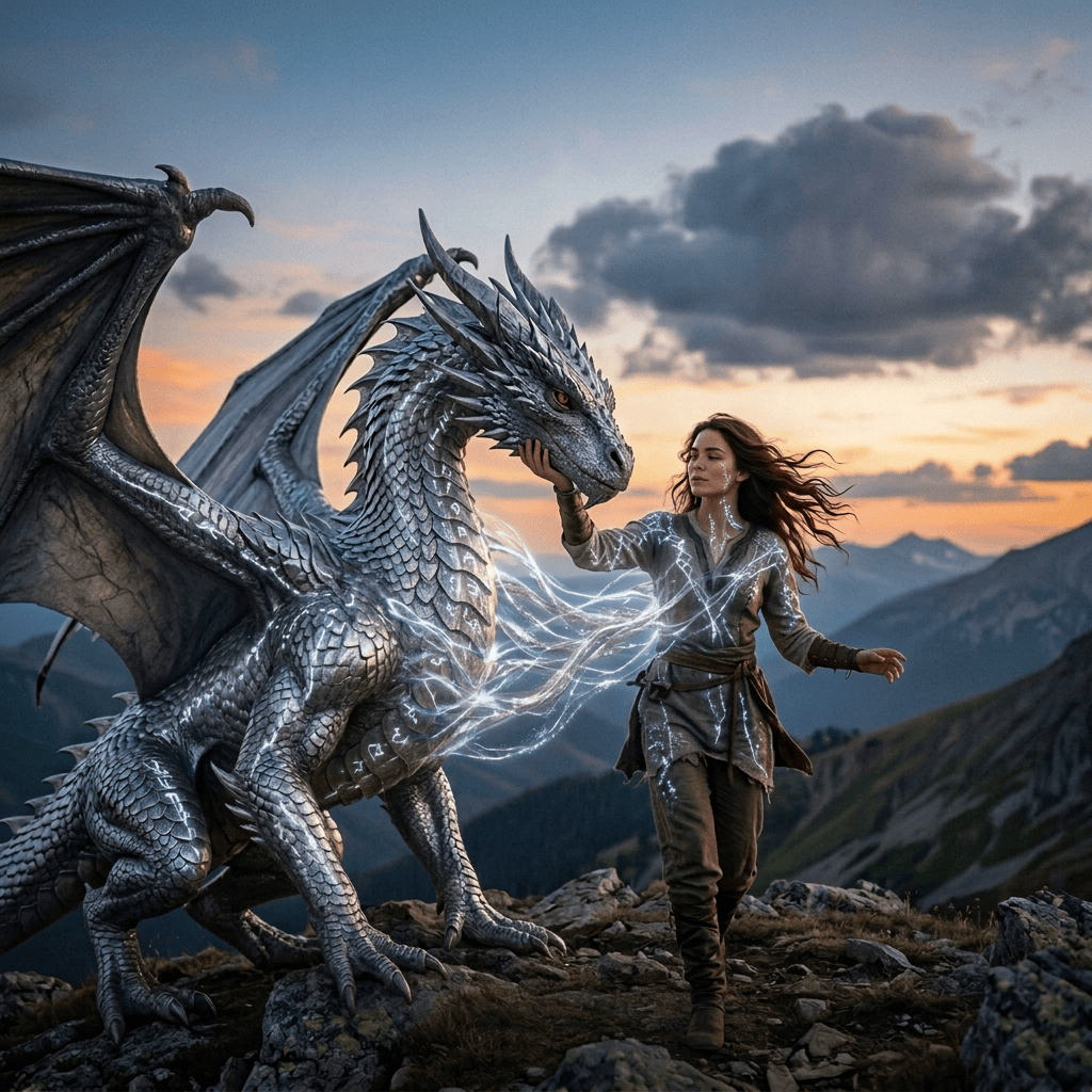 Book cover reading “Reincarnated as a Silver Dragon” with woman and silver dragon