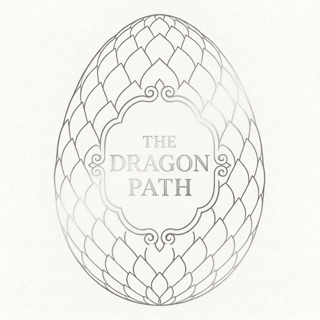 Circular silver dragon emblem with the text “THE DRAGON PATH.”